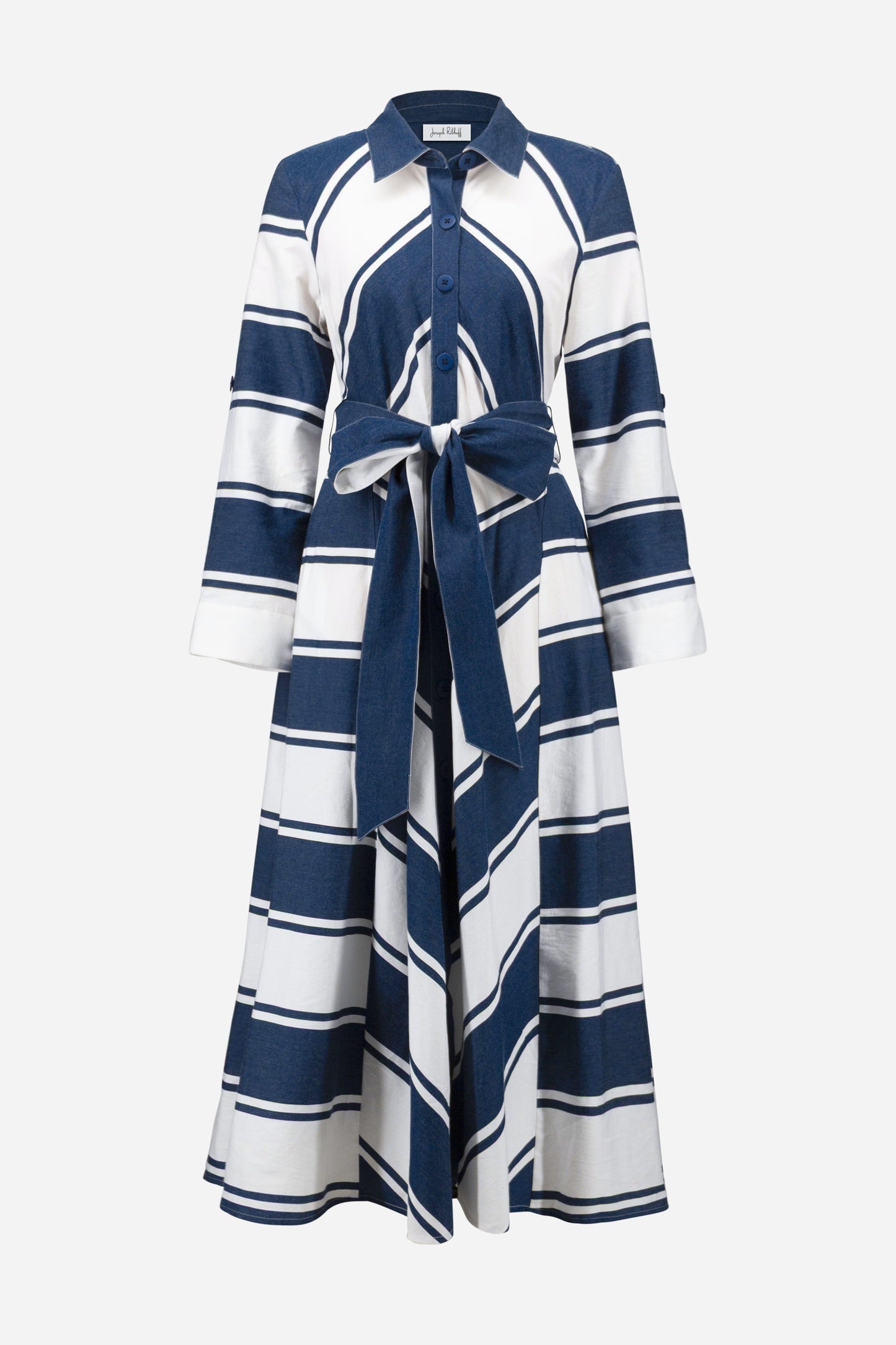 Joseph Ribkoff 261936 299 Abito a camicia stretto e poi svasato in cotone con stampa a righe e fusciacca double-fac